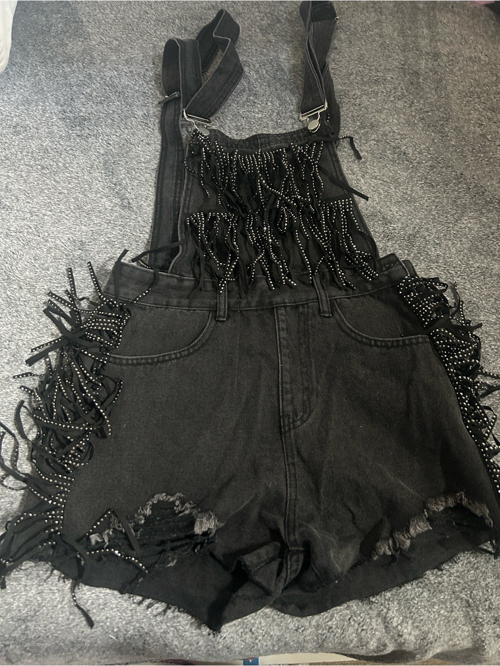 Black Denim Fringe Jean Short Overalls